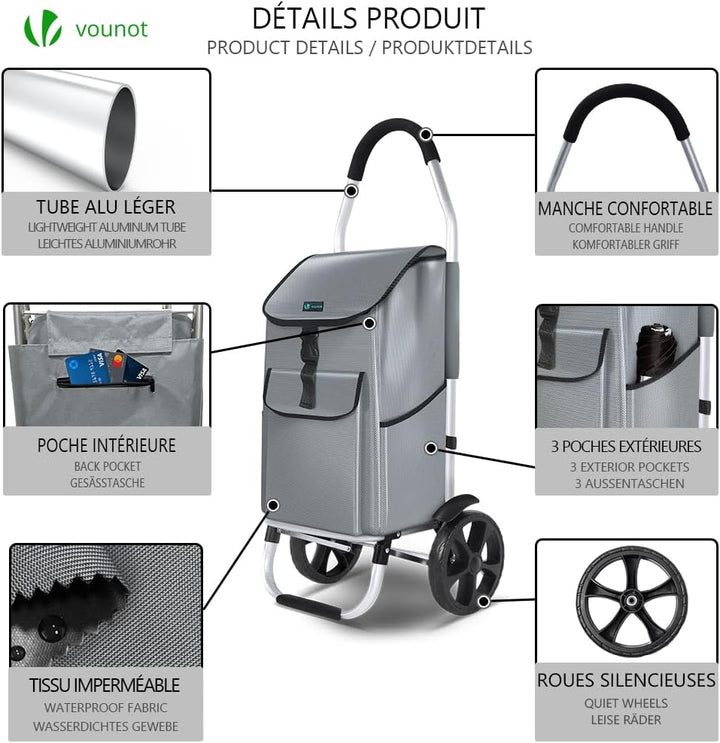VOUNOT® Einkaufstrolley Klappbar aus Aluminium mit 58L Wasserdichter Tasche, 2 Extra grosse Räder mi