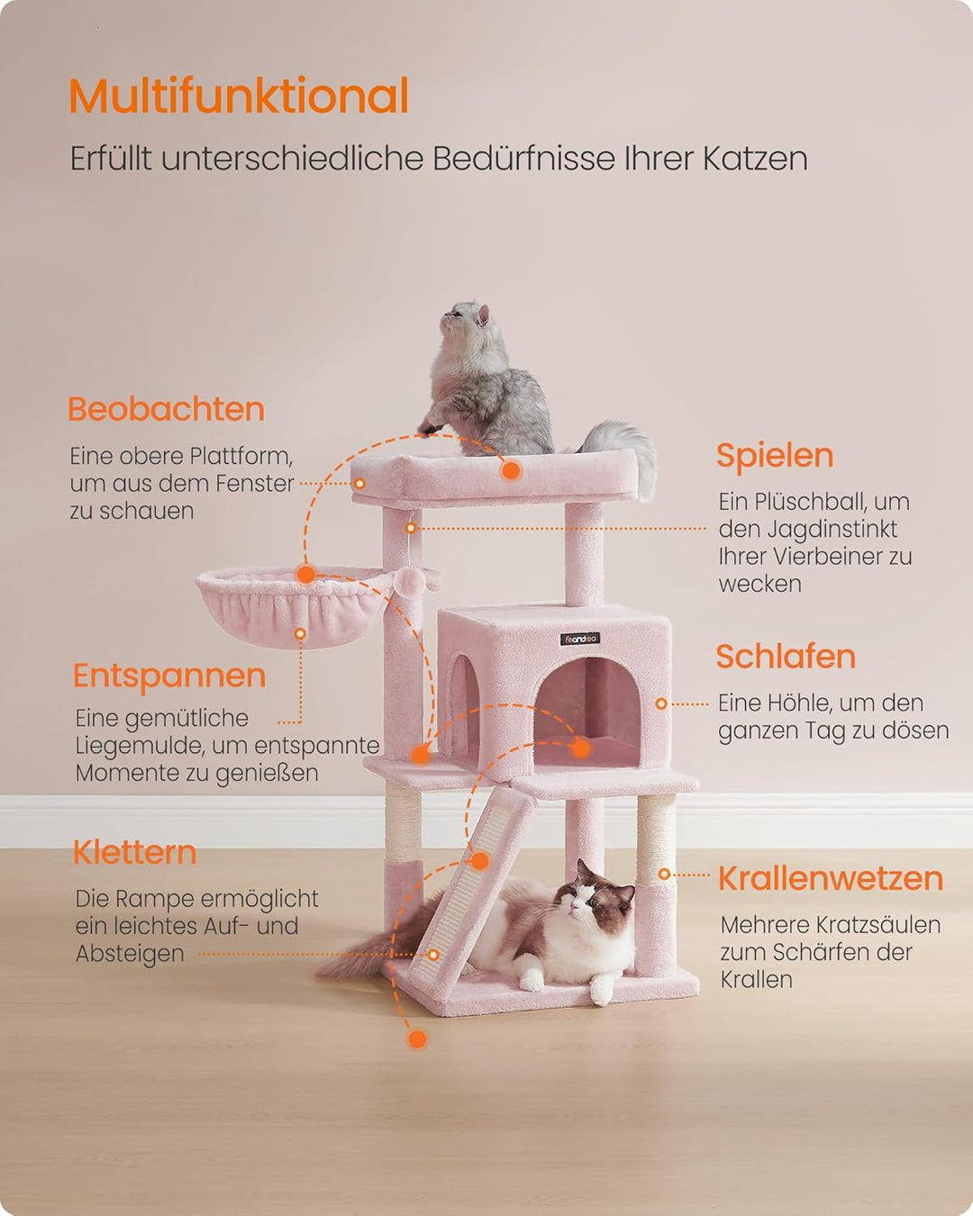Feandrea Kratzbaum, Katzenbaum mit grosser Plattform, pastellrosa PCT051P01, pastellrosa