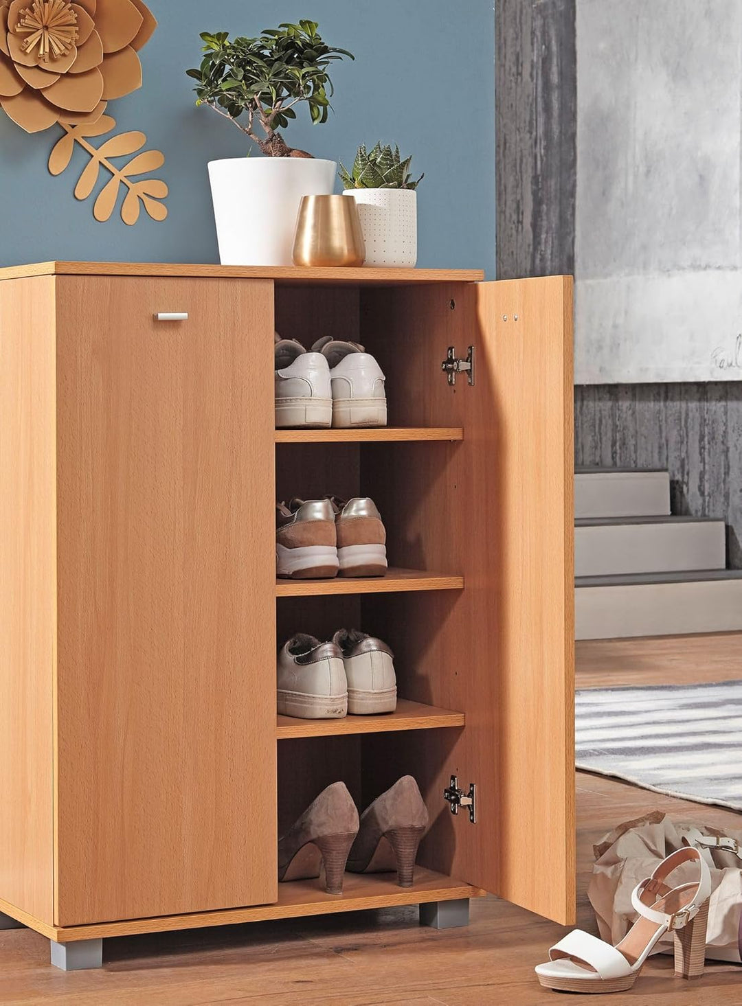 Wohnling Design Schuhschrank Nimes modern Holz Buche 12 Paar Schuhe 4 Fächer 2 Türen, Schuhregal 60