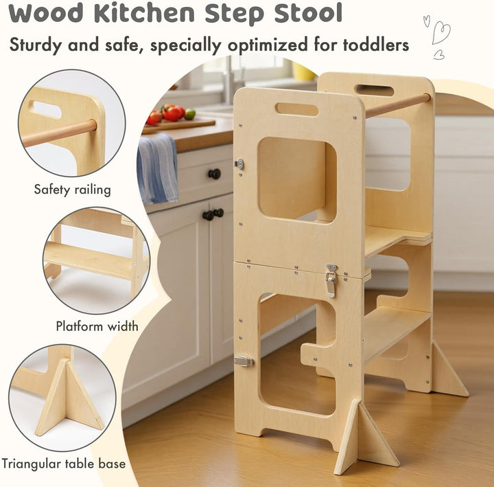 Labebe Lernturm für Kinder, Faltbarer Montessori Learning Tower, 3 in 1 Tritthocker Lernstuhl Kinder