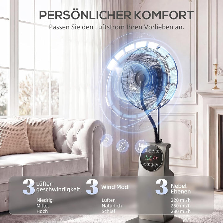 HOMCOM Ventilator mit Wasserkühlung, Luftbefeuchter, Leise Standventilator mit Sprühnebel, Mückensch