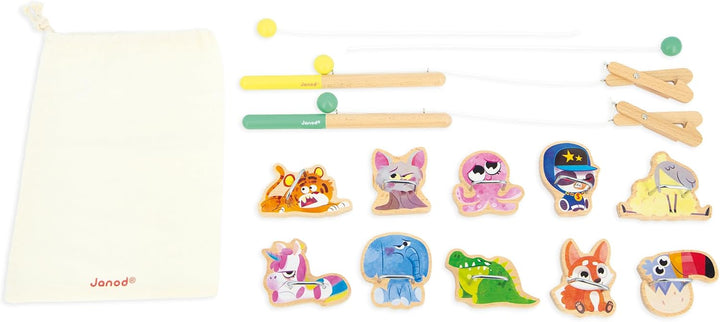 Janod - Angelspiel Applepop - Geschicklichkeitsspiel für Kinder - 2 Greifer + 10 Tiere + 1 Beutel -