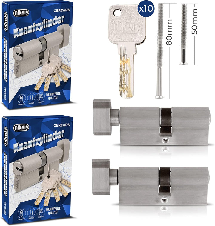 GERCAR Pro 2er Set Knaufzylinder gleichschliessend 90mm Schliesszylinder mit Knauf 45/45 Zylinder -