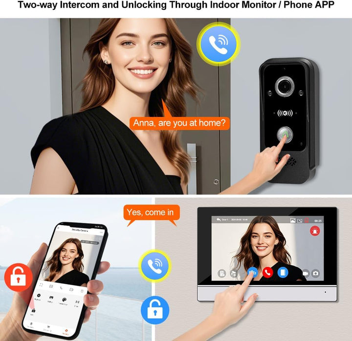 QTTYELOK WLAN Video-Sprechanlage Türklingel Kamera mit Monitor 1080P HD 7inch Verdrahtetem Farbbilds