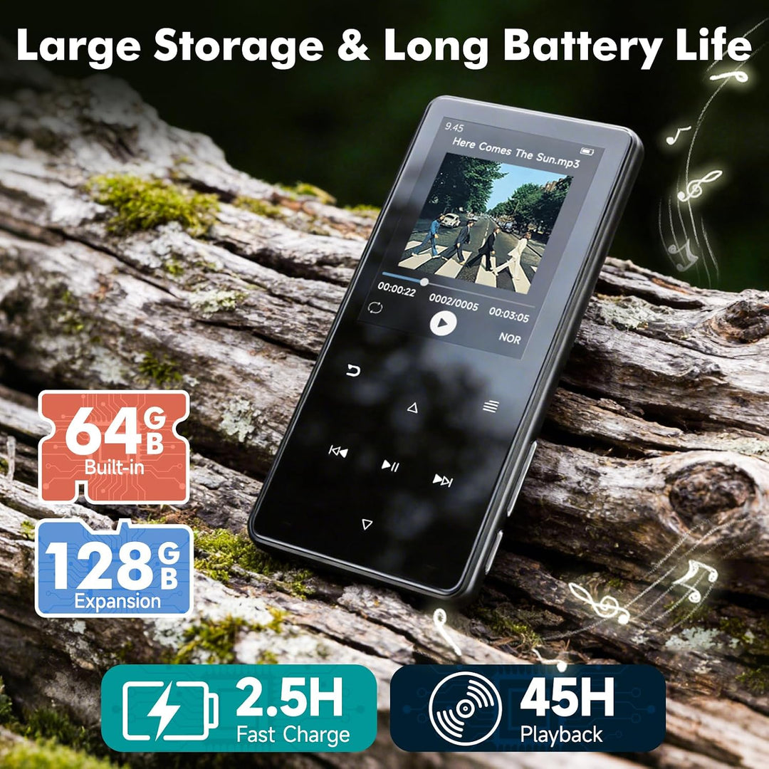 MP3 Player mit Bluetooth 5.3, 64GB und 2,4" Display – Mit Touch-Tasten, Lautsprecher, Metallgehäuse,