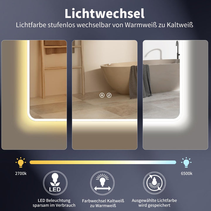 HOKO LED Badspiegel 50x70 cm / 70x50 cm Kansas mit Antibeschlag, Weisser Alurahmen, HOCH+QUER Montag