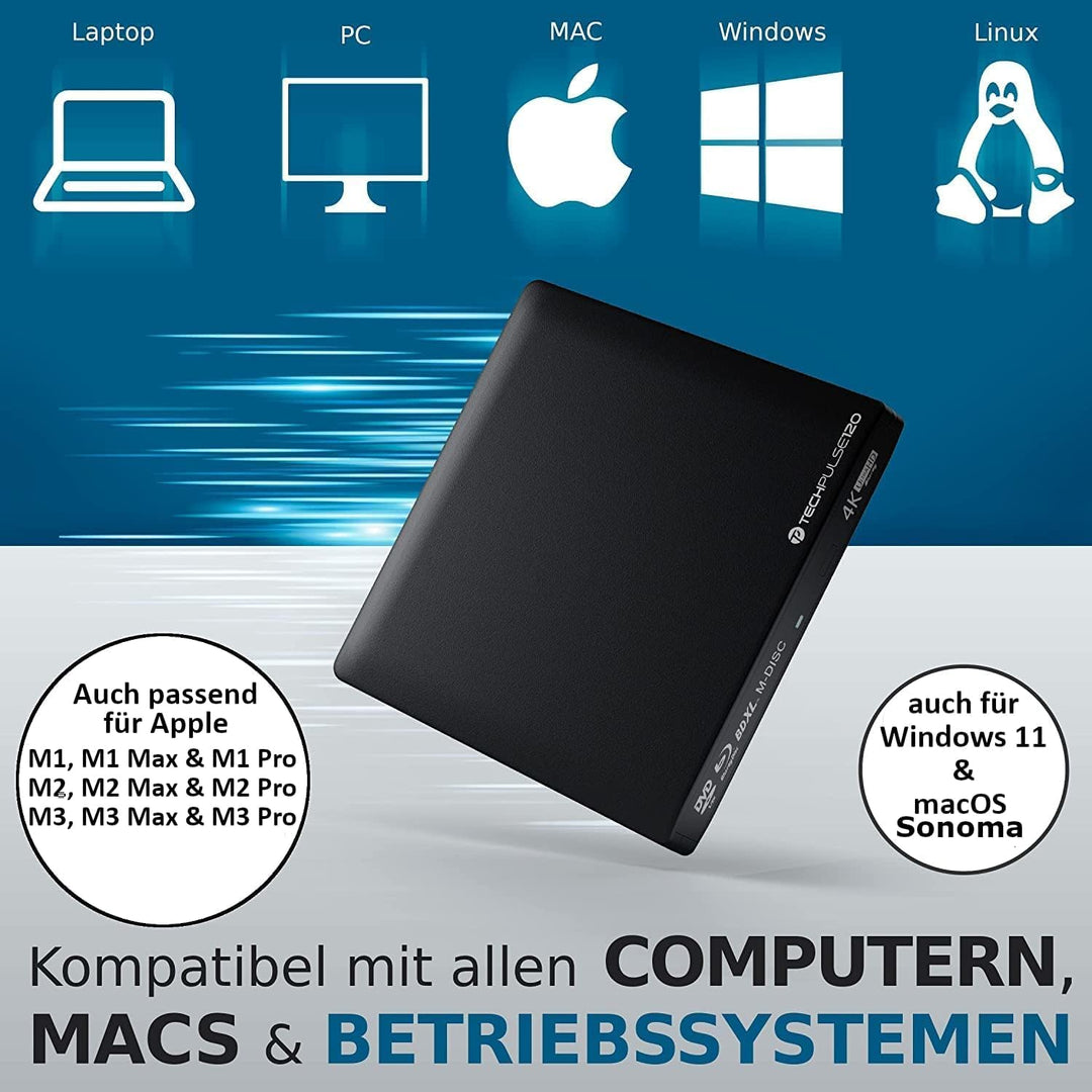 techPulse120 Externes UHD 4k 3D M-Disc BDXL USB 3.0 Laufwerk Blu-ray Brenner Burner Superdrive Slim