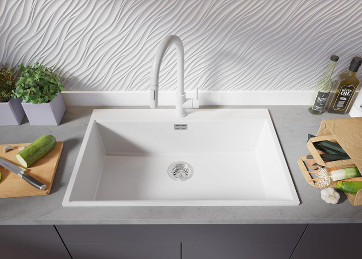 Granitspüle Weiss 78x50 cm, Spülbecken + Ablauf-Set + Küchenarmatur 9000, Küchenspüle für 80er Unter