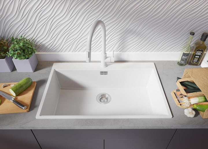 PRIMAGRAN Granitspüle Weiss 78x50cm, Spülbecken 1 Becken + Ablauf-Set + Küchenarmatur 40x22cm, Küche