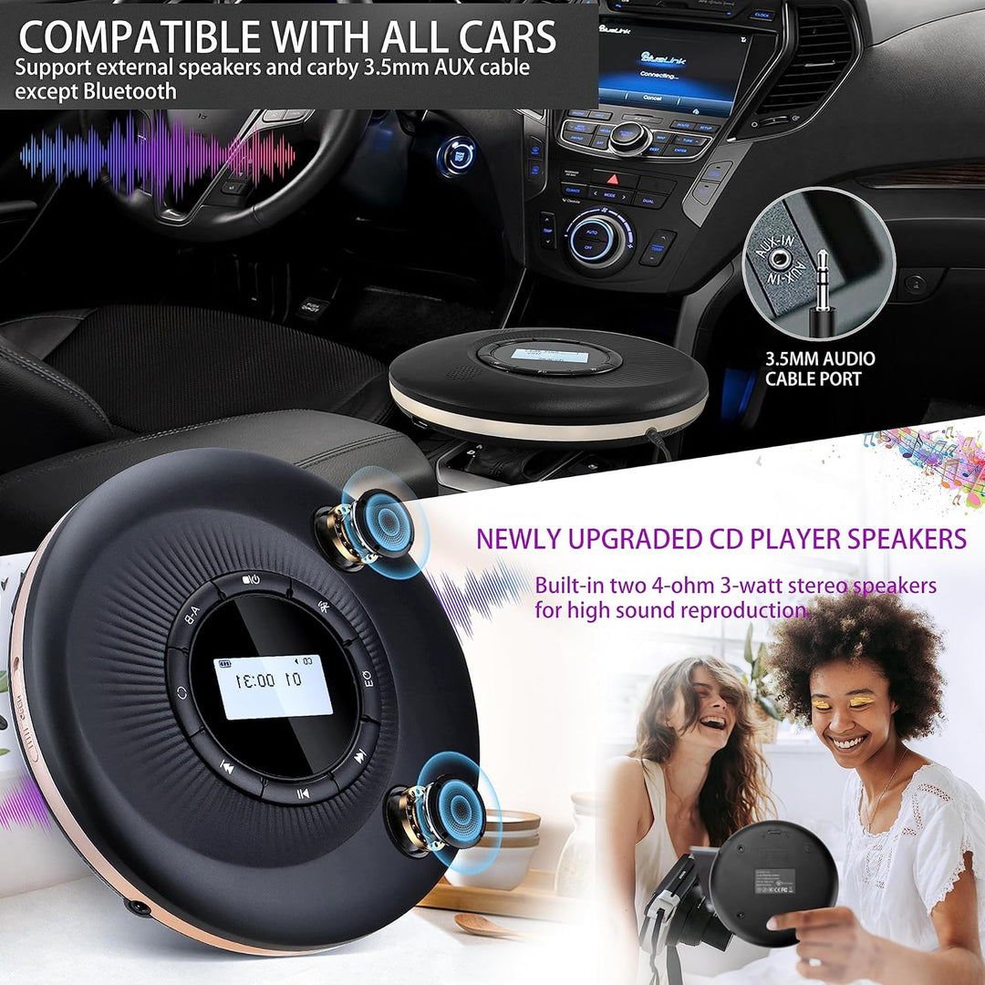 Tragbarer CD-Player Bluetooth wiederaufladbarer 1500mAh Auto CD-Player mit Bluetooth und Stereo Dual