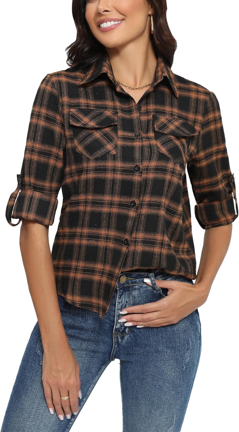Yukiuiny Damen Karierte Bluse 100% Baumwolle Langarm Weiches Flanellhemd Casual Button-down Holzfäll
