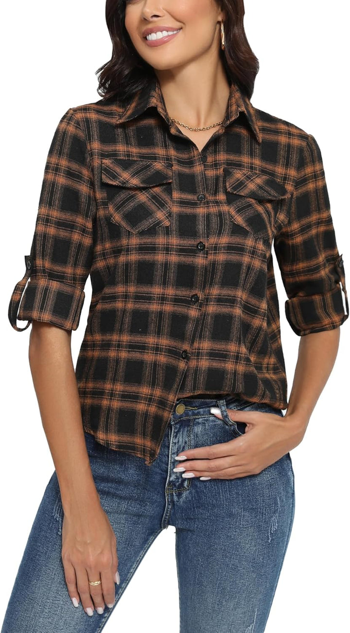 Yukiuiny Damen Karierte Bluse 100% Baumwolle Langarm Weiches Flanellhemd Casual Button-down Holzfäll