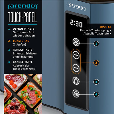 Arendo - Touch Toaster 2 Scheiben Edelstahl - Touchpanel - digital Display Restzeitanzeige - 800 W –