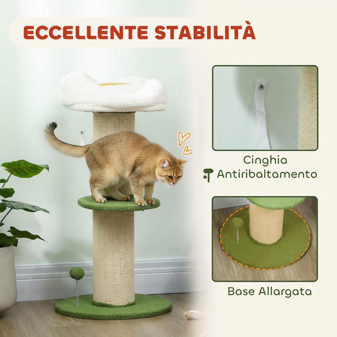 PawHut Kratzbaum mit Blumen mit 3 Ebenen, Höhe 92 cm, Kratztonne für Katzen mit extra Dicker Stange,