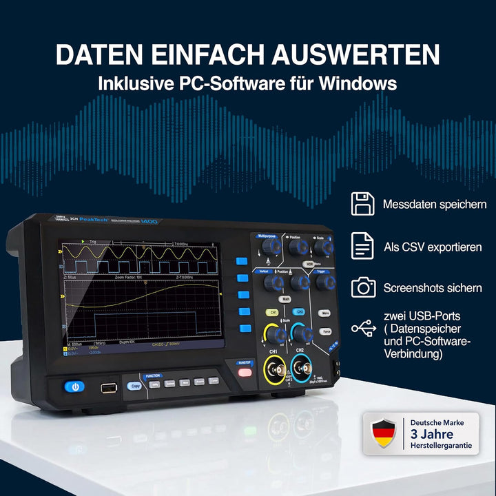PeakTech 1403, Digital Speicher Oszilloskop, 2 Kanal, 50 MHz, 500 MS/s, USB Schnittstelle, PC Softwa