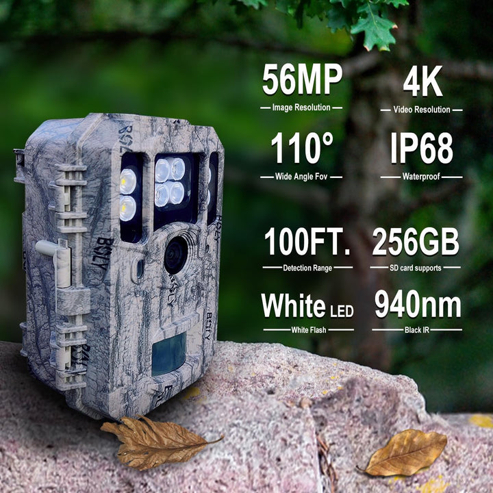 Trailkamera,Wildkamera 56MP Jagdkamera 4K Dual Objektiv Weiss LED mit 940nm unsichtbarem Blitz 100 -