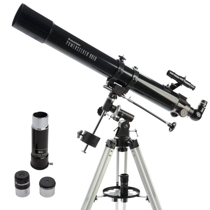 Celestron 21048 PowerSeeker 80EQ Refraktor-Teleskop - mit Zwei Okularen, seitenrichtigem Spiegel, Ei