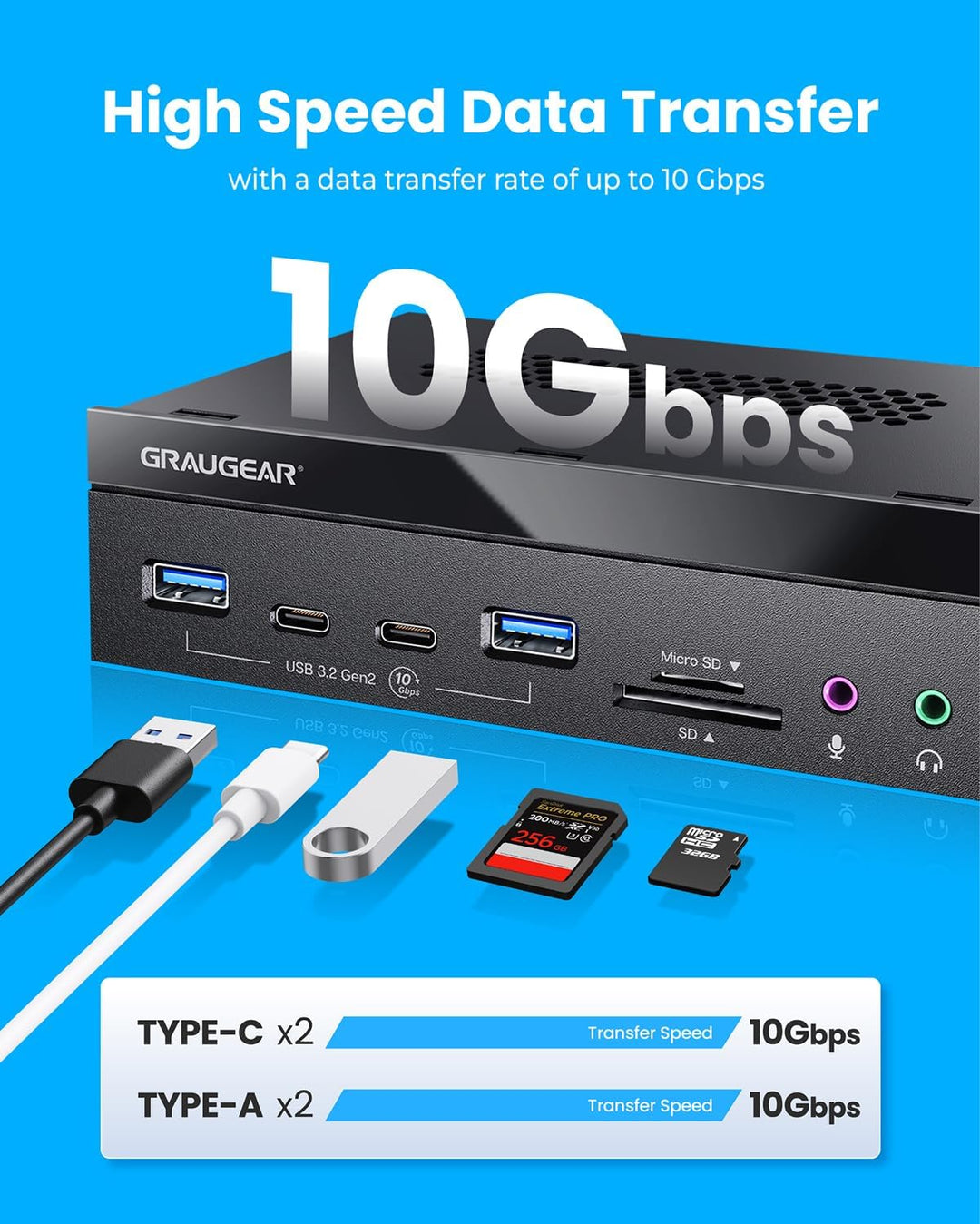 GRAUGEAR 5,25 Zoll PC Frontpanel m. SD Kartenleser und USB HUB [8 in 1] | PC Gehäuse Frontpanel mit