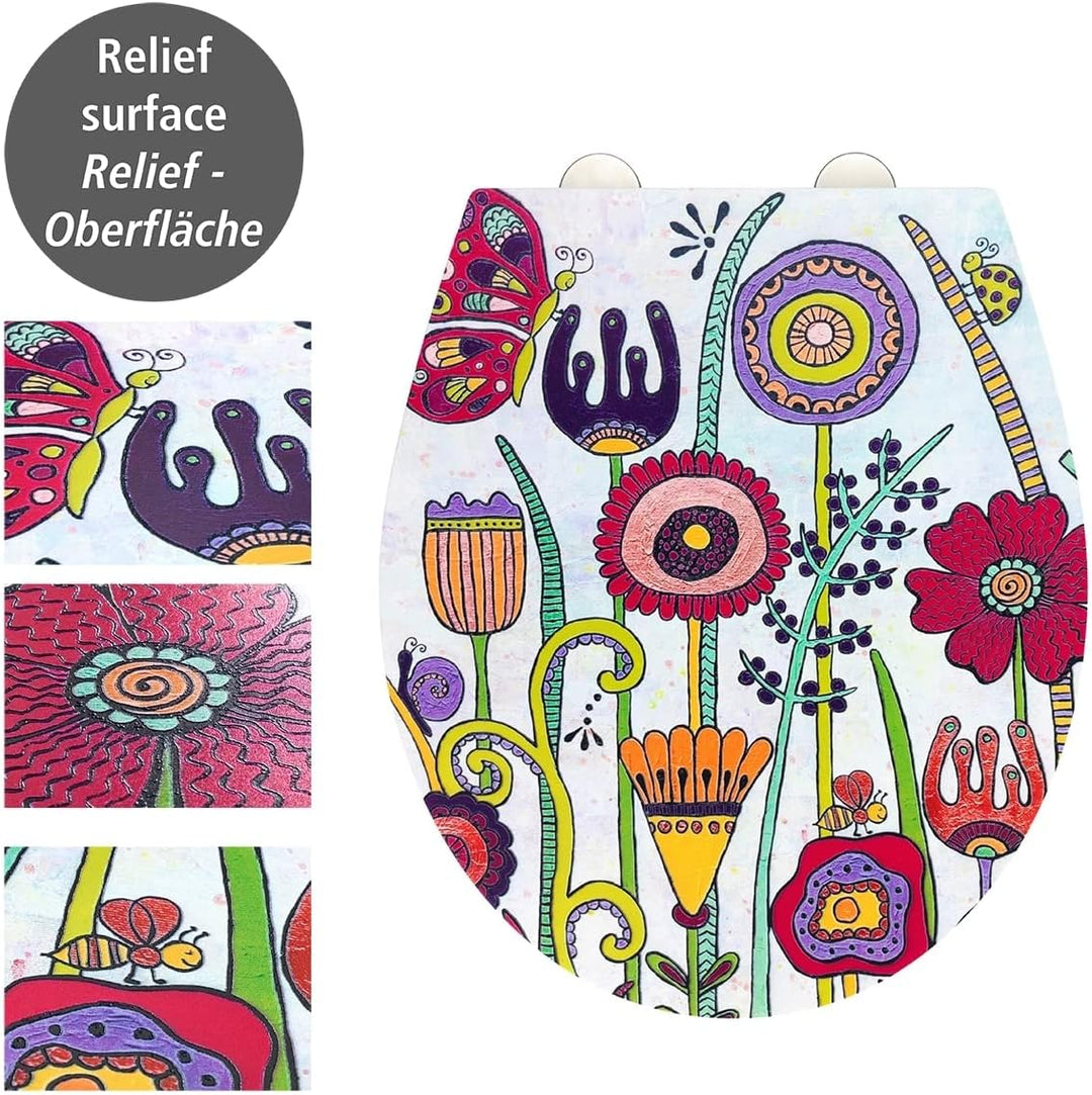 WENKO WC-Sitz Full Bloom, bunter Rollin'Art Toilettensitz, Relief Oberfläche, hygienische Schnellbef