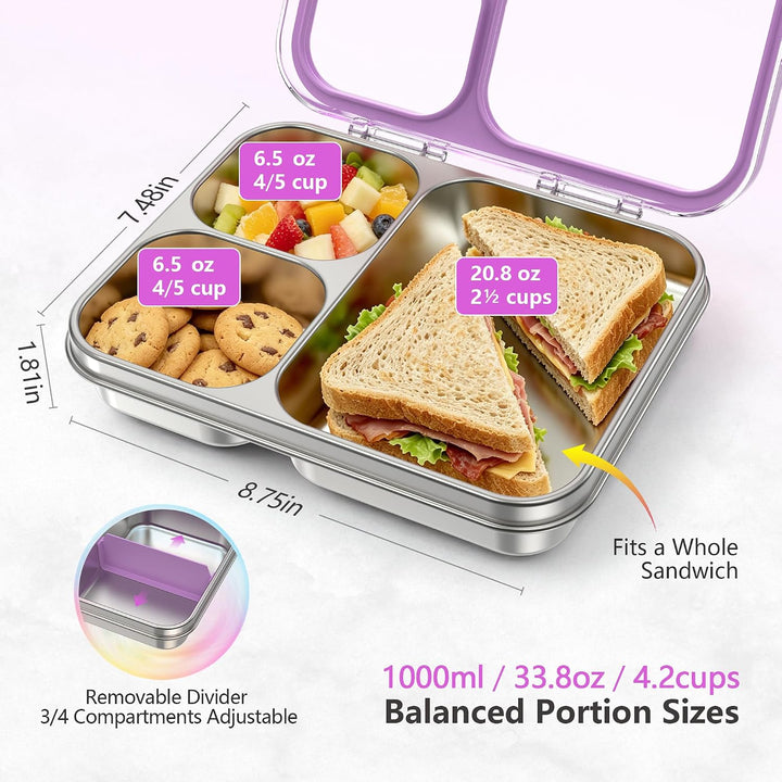 VITONIS Edelstahl Brotdose Lunchbox mit 3 Fächern mit Tritan-Deckel, 1000ml Metall Bento Lunch Box K