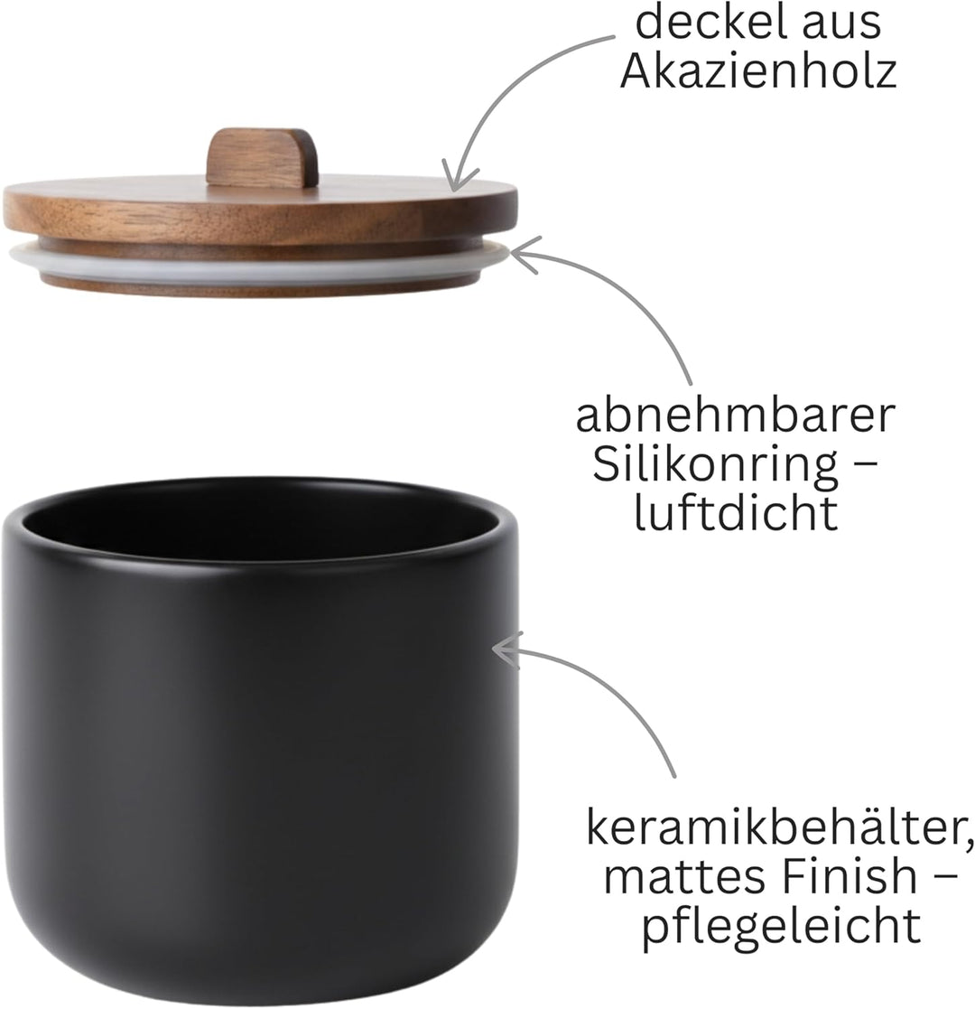 Salztopf Keramik CURVE - Luftdichte Salzdose mit Deckel aus Akazienholz. Grosse Öffnung, Ideal als S