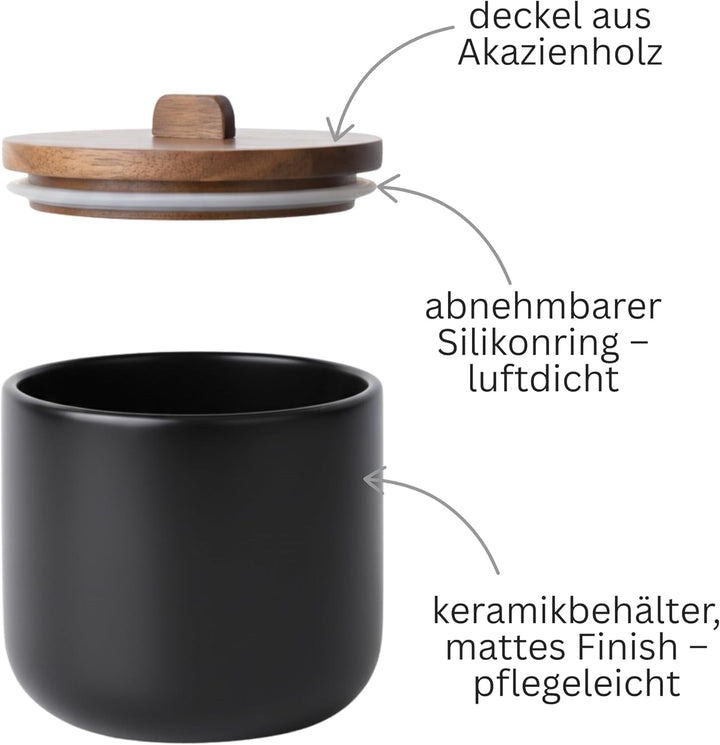 Salztopf Keramik CURVE - Luftdichte Salzdose mit Deckel aus Akazienholz. Grosse Öffnung, Ideal als S