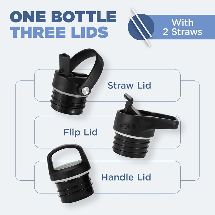 Edelstahl Trinkflasche mit 3 Deckel - Auslaufsicher Thermosflasche - Metall Wasserflasche Doppelwand