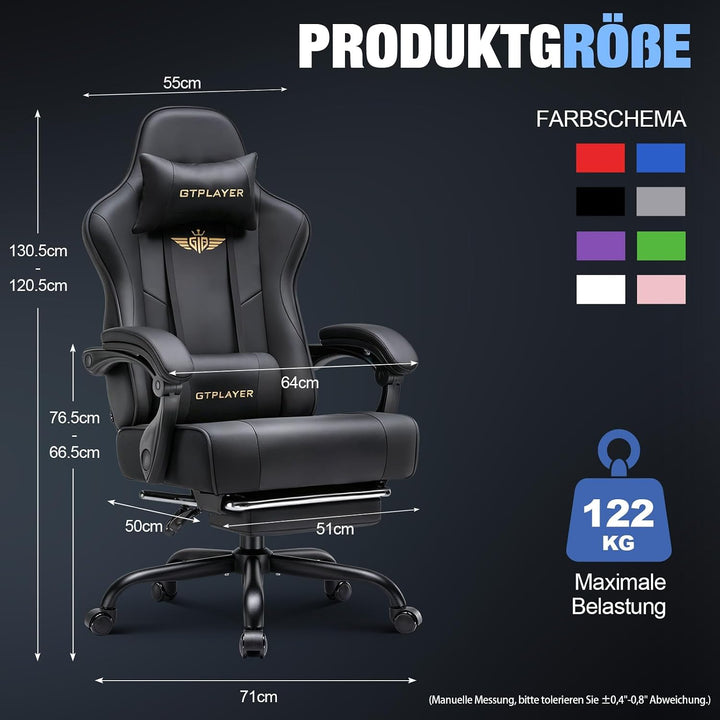 GTPLAYER Gaming Stuhl Chair Gamer Sessel - Ergonomischer Gamer Stuhl mit Fussstütze Kopfstütze und L