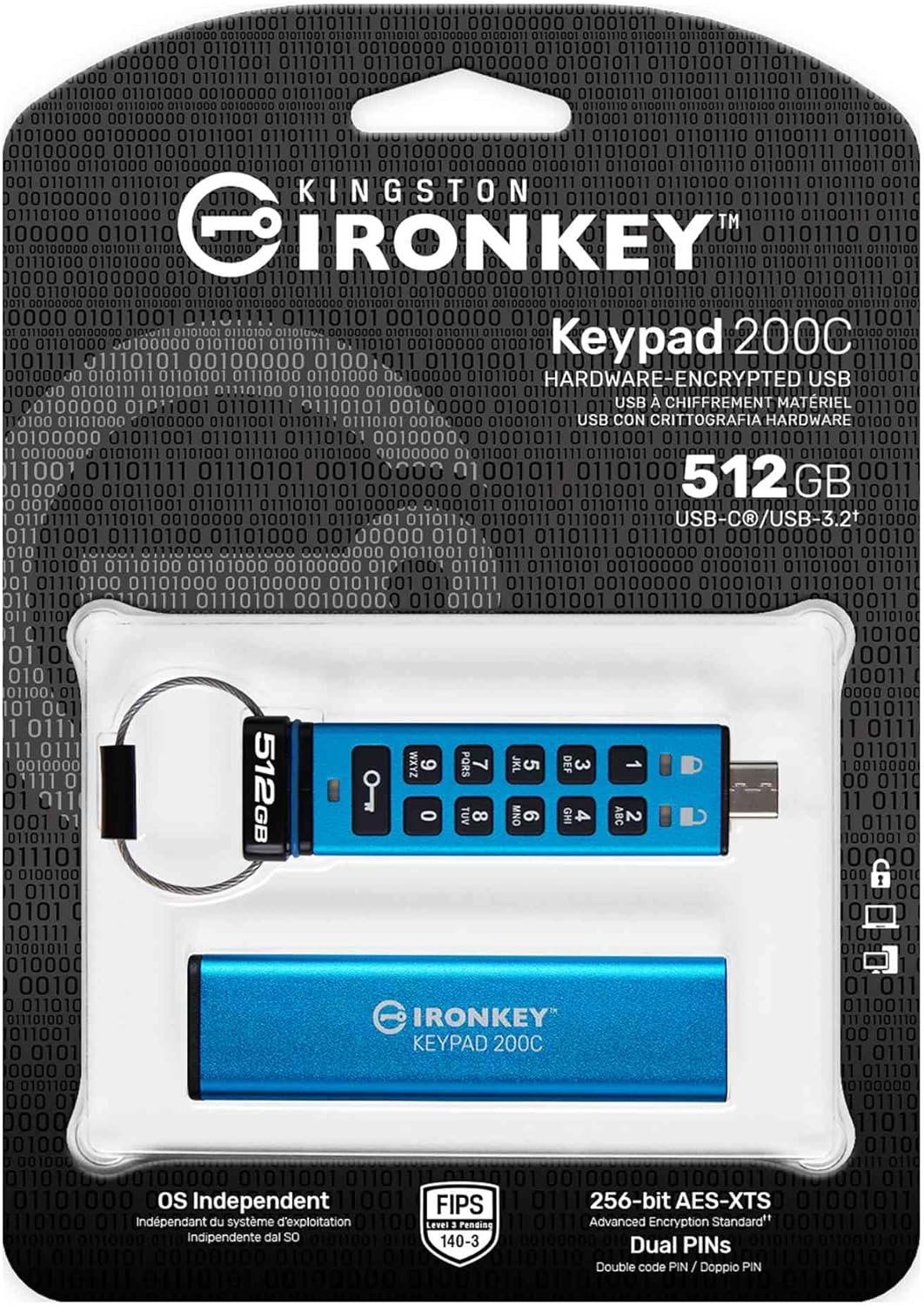 Kingston IronKey Keypad 200C 512GB Verschlüsselter USB | Alphanumerische Tastatur | Multi-Pin-Zugang