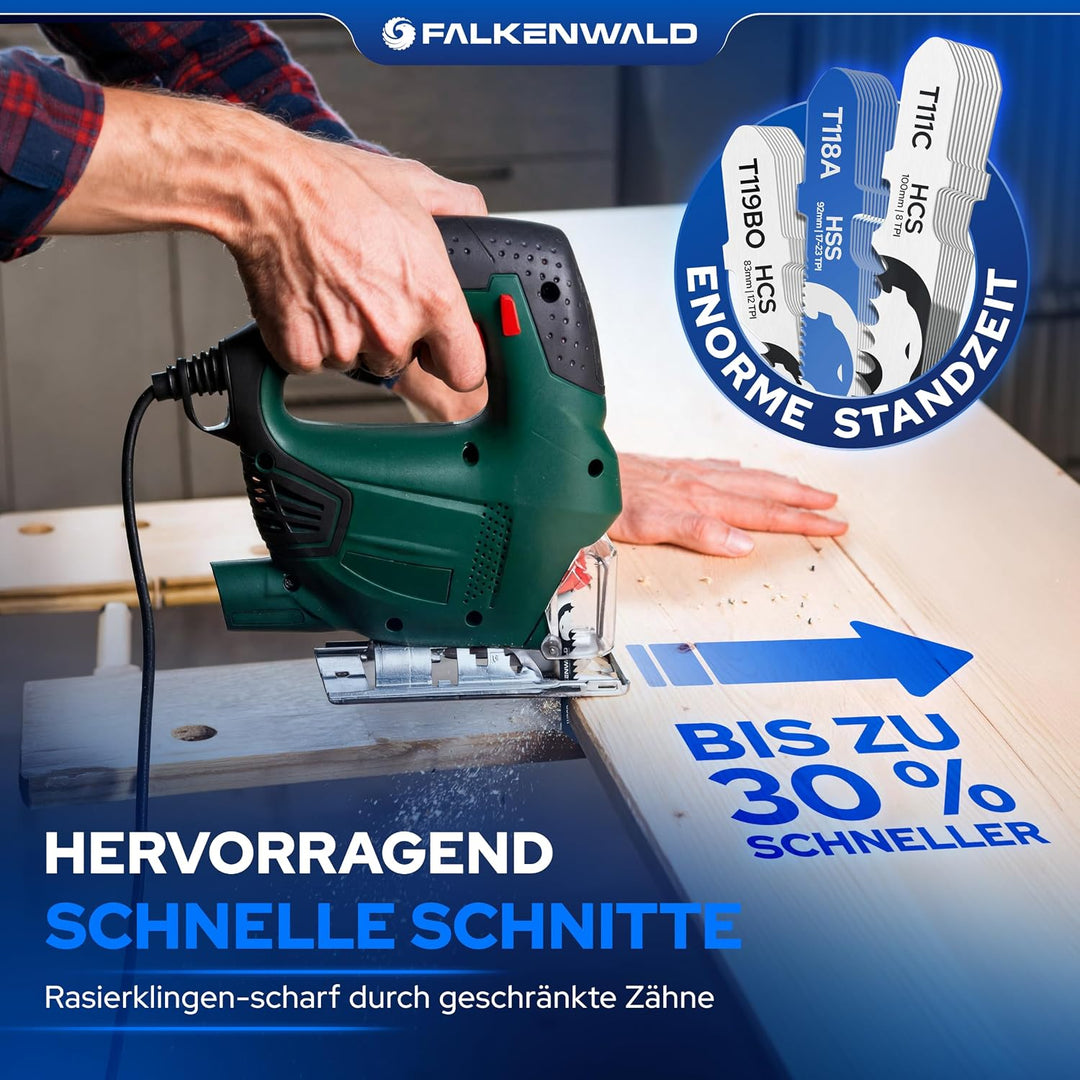 FALKENWALD® Stichsägeblätter Set 30tlg 20x Holz + 10x Metall - T-Schaft HCS & HSS - Für Weichholz, H