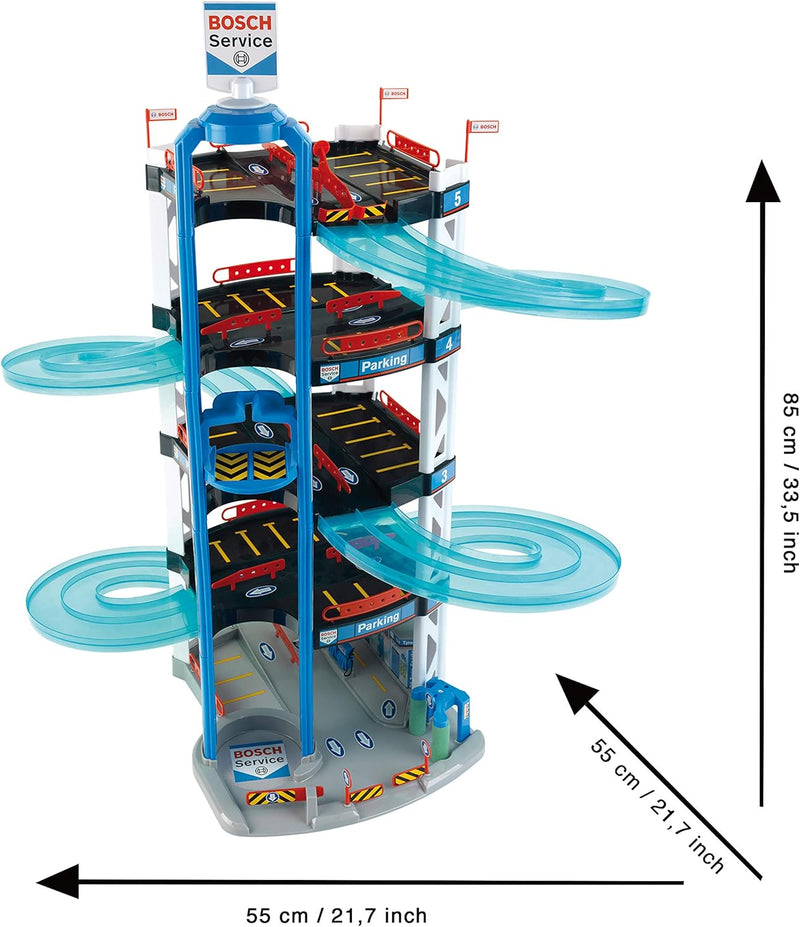 Theo Klein 2813 Bosch Car Service Parkhaus I Mit 5 Ebenen, doppelter Abfahrtrampe, 2 Rennautos, Fahr