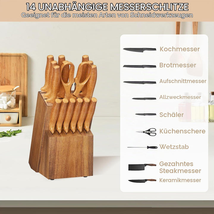 Messerblock Ohne Messer, Messerhalter Unbestückt mit 14 Schlitze, Universal-Messerblock aus Holz, Kü