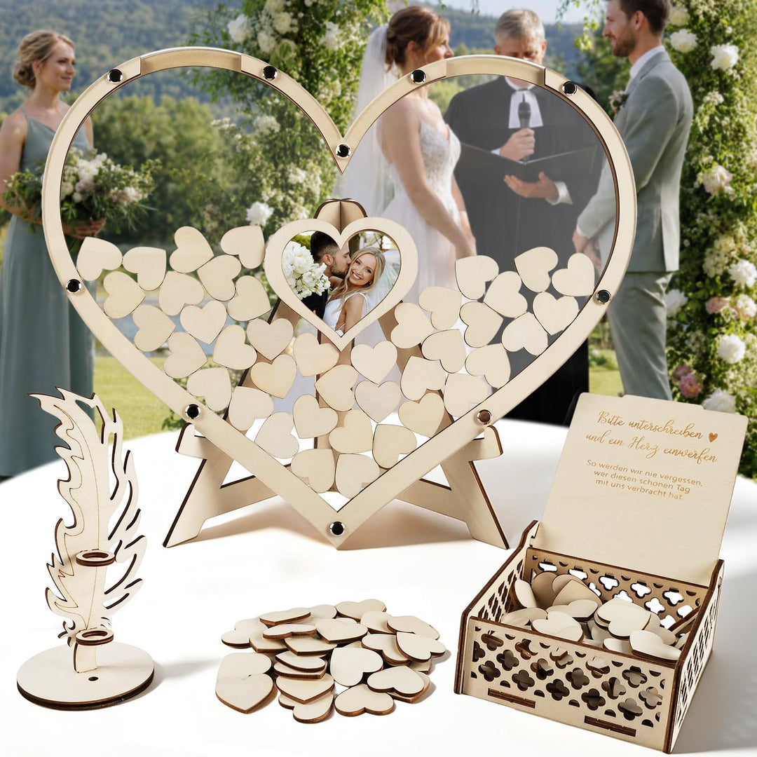 Gästebuch Hochzeit Holz, Herzform Hochzeitsgästebuch mit 100 Holzherzen, Fotorahmen &amp; Aufbewahrungsb