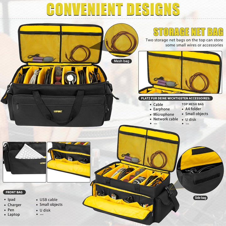 LEFOR·Z DJ Tasche,Grosse Kabel Organizer Tasche mit Abnehmbarem Gepolstertem Boden und Trennwänden,D