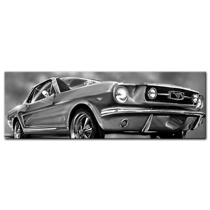 Bilderdepot24 Bild auf Leinwand | Mustang Graphic - schwarz weiss I in 120x40 cm als Panorama Wandbi