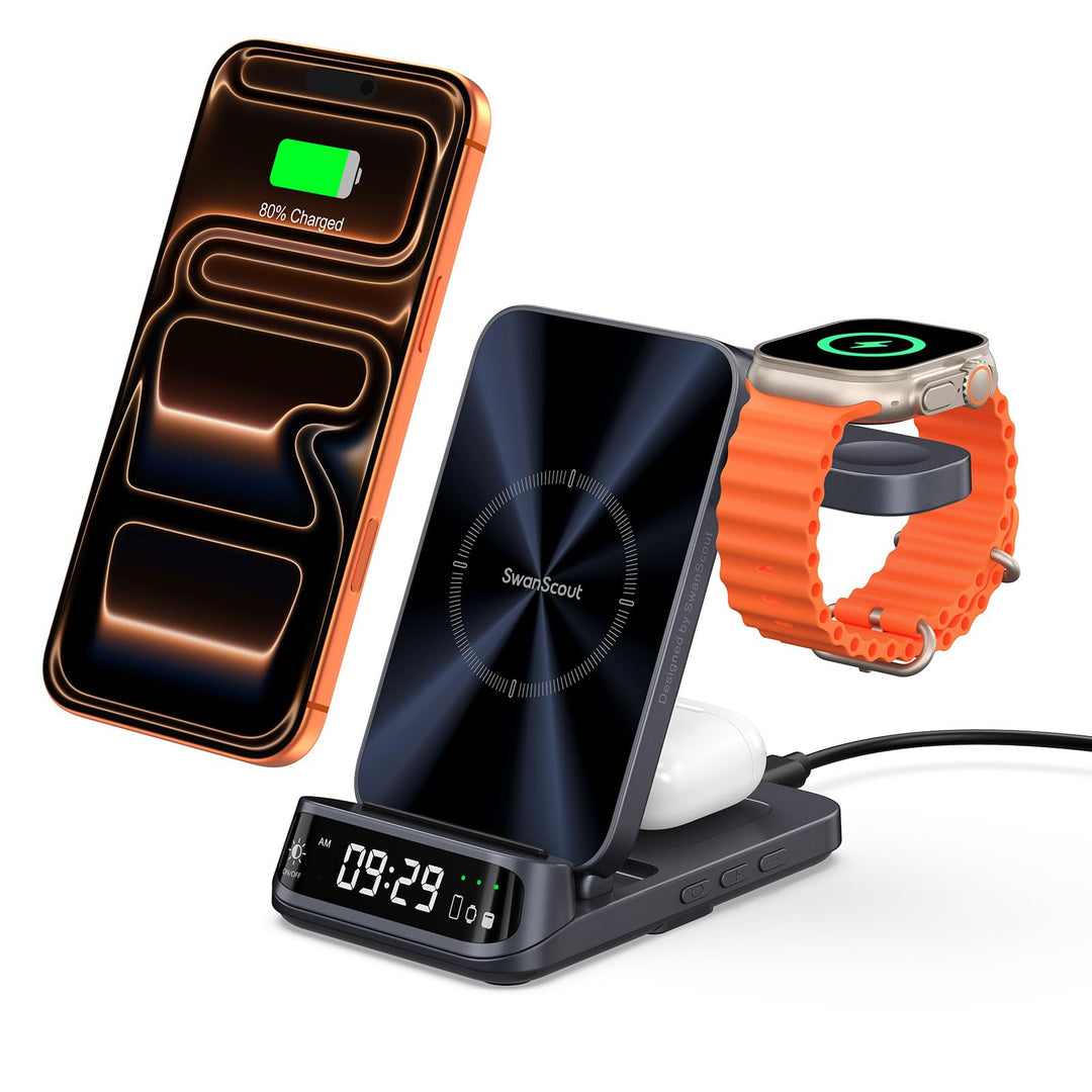 SwanScout Induktive Ladestation für iPhone, 3 in 1 Ladestation für iPhone 17/Air/16/15/14/13, Faltba
