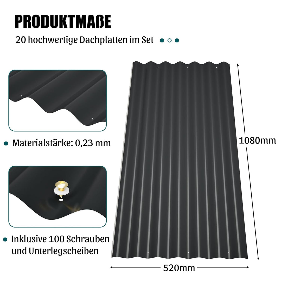 Thanaddo Wellplatten Metall Blech, 20er Set Wellplatte Dach Platten Stahlblechdachplatten mit Schrau