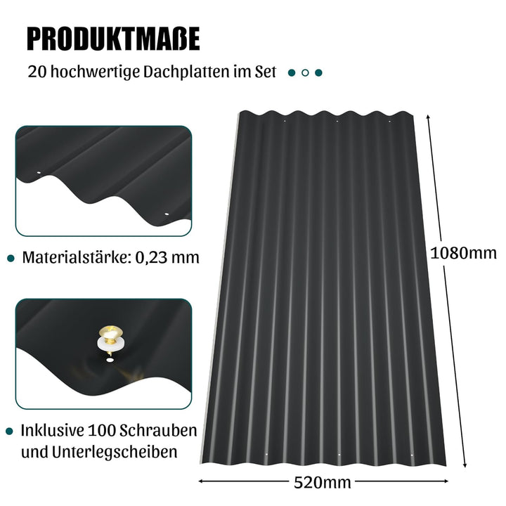 Thanaddo Wellplatten Metall Blech, 20er Set Wellplatte Dach Platten Stahlblechdachplatten mit Schrau