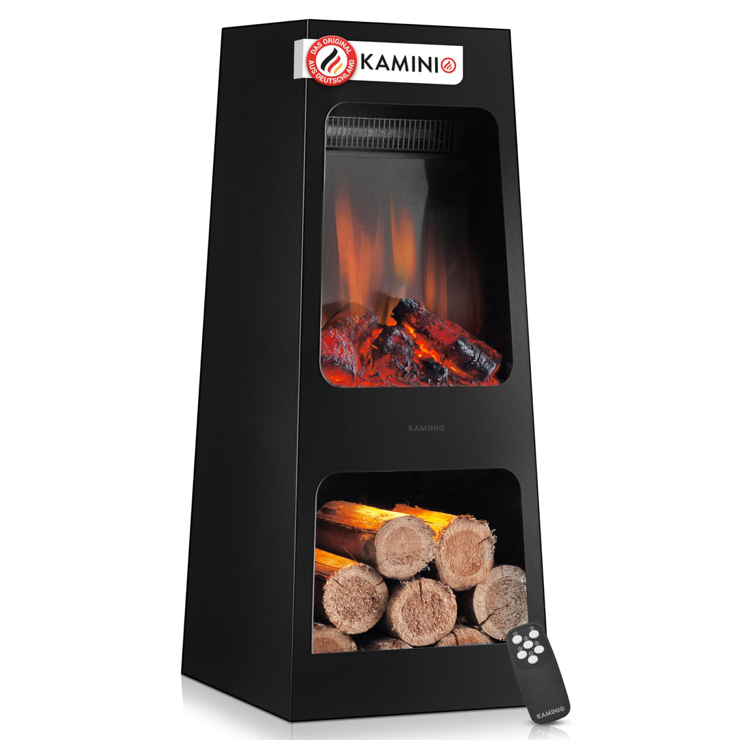 KAMINIO Elektrischer Gartenkamin Kai - Elektro Terrassenofen mit Heizung, 3D-Flammeneffekt, Holzfach