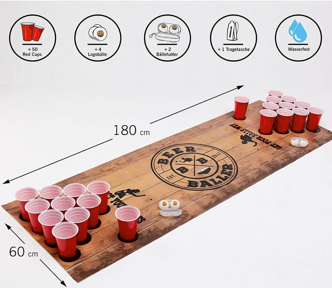 BeerBaller® Beer Pong Matte - Bierpong Set inkl. Bierpong Matte, 50 Beer Pong Becher &amp; 4 Beerpong Bä