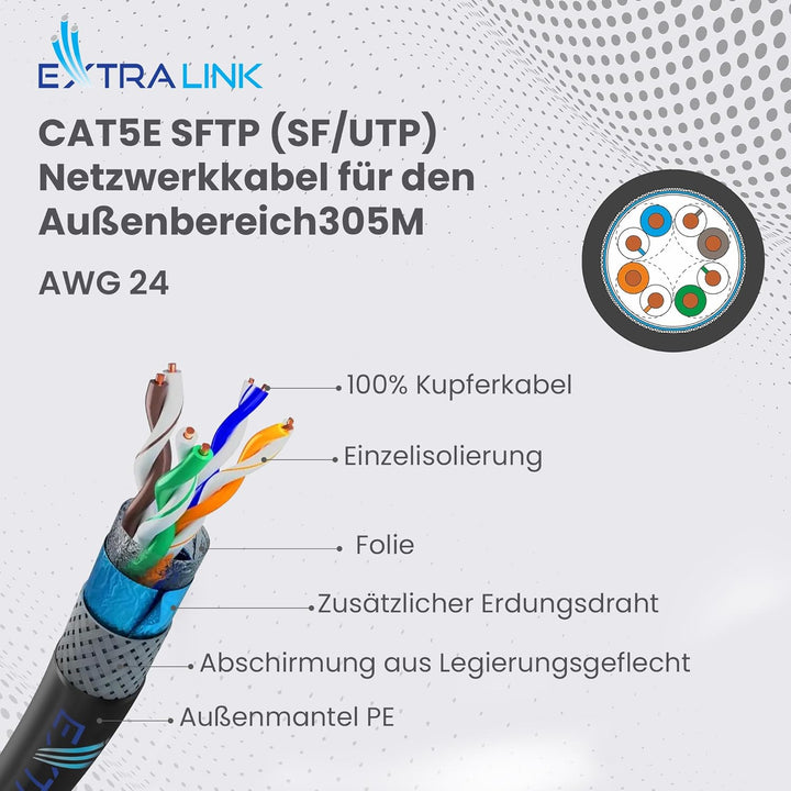 EXTRALINK 305m CAT5e Netzwerkkabel Outdoor LAN Kabel Verlegekabel Ethernet Installationskabel – 100%