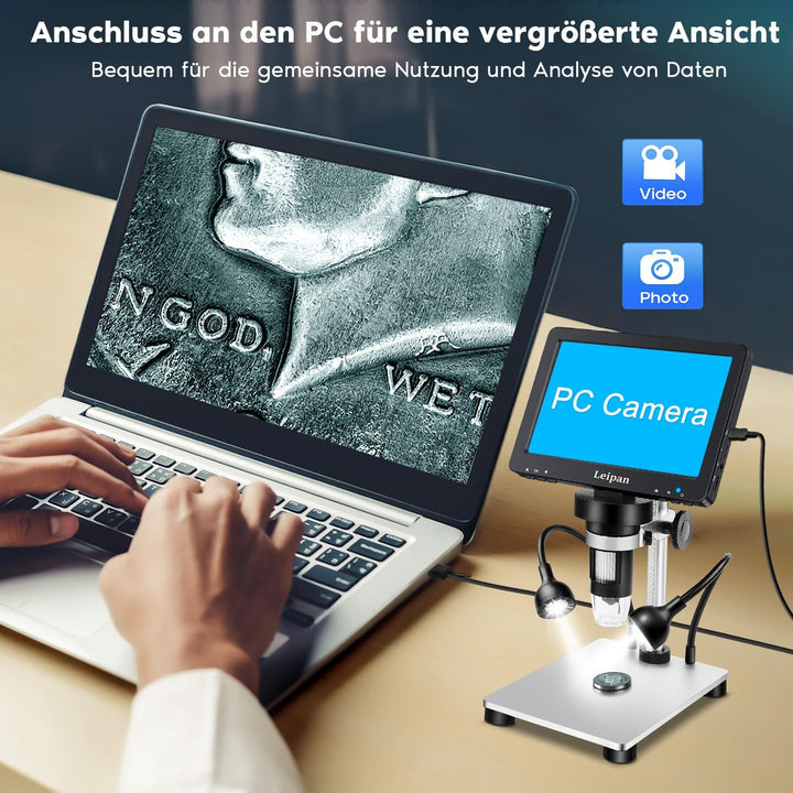 Leipan 7" LCD Digital Mikroskop, 1200X, 12MP, 1080P Video, 12 Objektträger, kabelgebundene Fernbedie