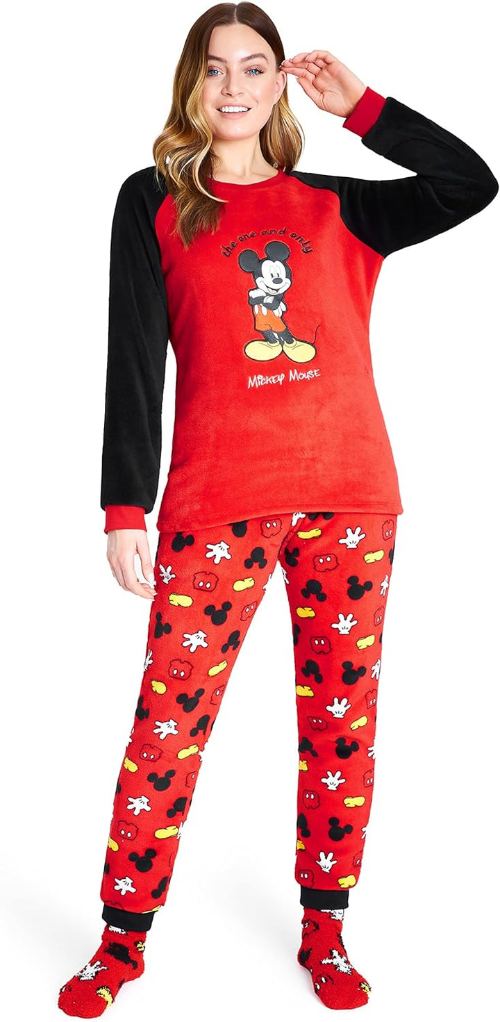 Disney Schlafanzug Damen mit Kuschelsocken Set Charaktere Stitch Geschenke Set M Rot Mickey, M Rot M