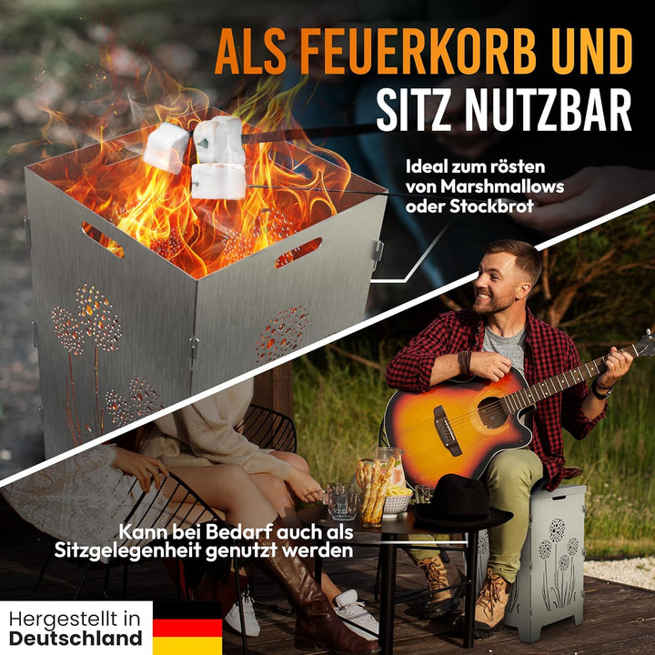 TiKo-Design® Feuerkorb/Feuertonne aus 3 mm Stahl mit Pusteblumen‑Laserung – 4‑Fach, stabil & mobil,