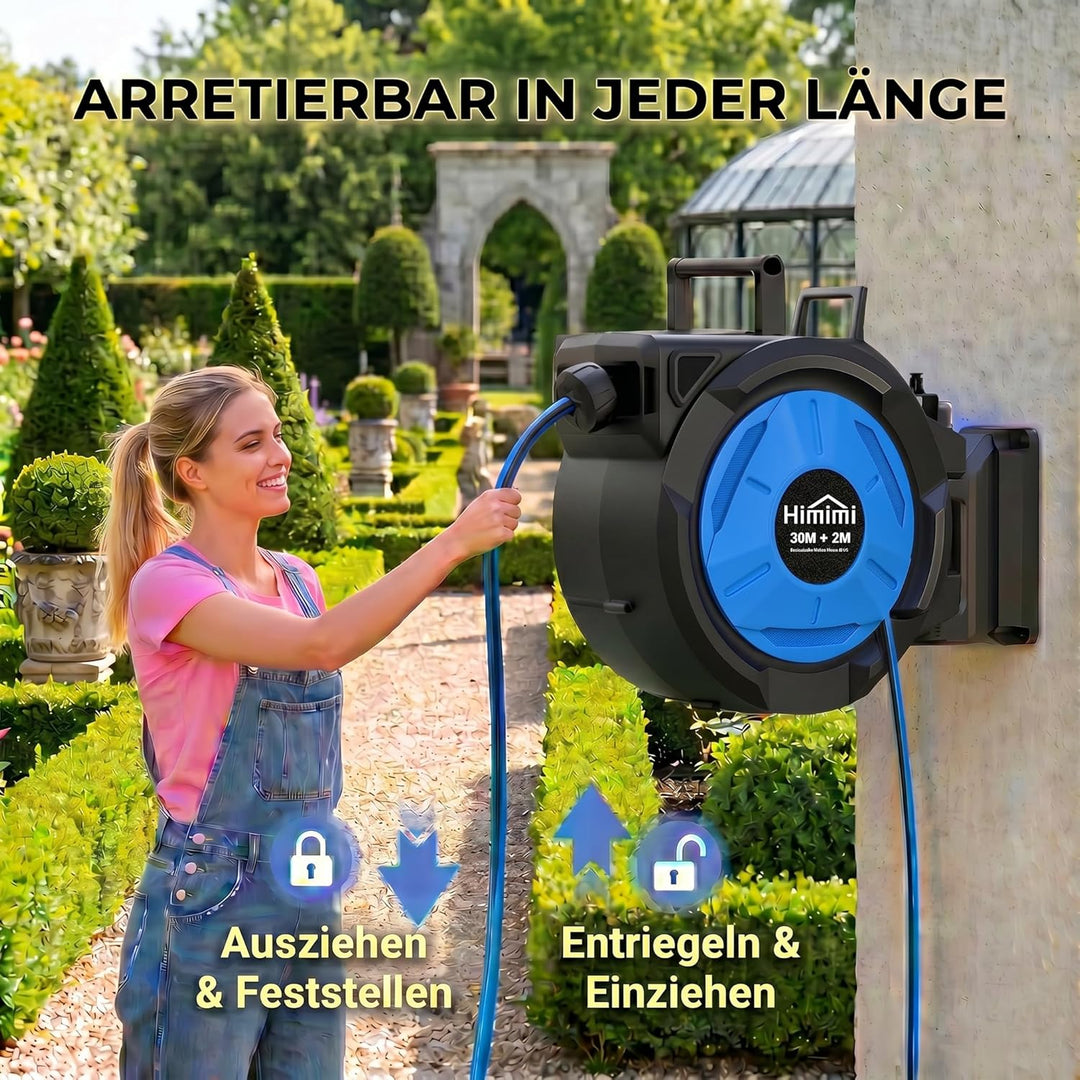 Himimi Schlauchtrommel 30m Wandmontage, Automatische Wandschlauchbox mit 180° Schwenk & stufenloser