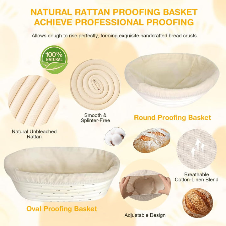Sauerteig Starter Set, Backzubehör für Sauerteigbrot mit 2 Gärkorb (25cm Ovale & 23cm Runde), Sauert
