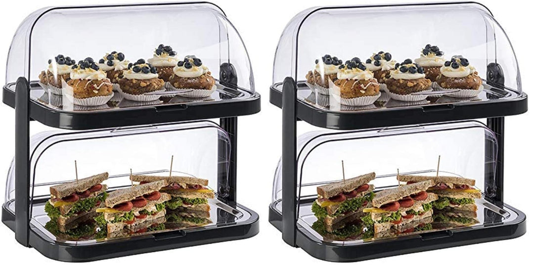 APS 9204 Buffetvitrine „Doppeldecker“ – 2 beidseitig aufklappbare, transparente Rolltophauben, 2 Ede