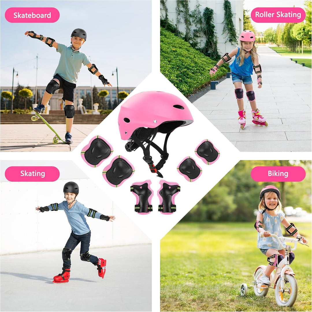 FAYITING Kinder-Schutzausrüstung, 7-in-1-Helm-Set, Knie Handgelenk und Ellbogenschützer für Skateboa
