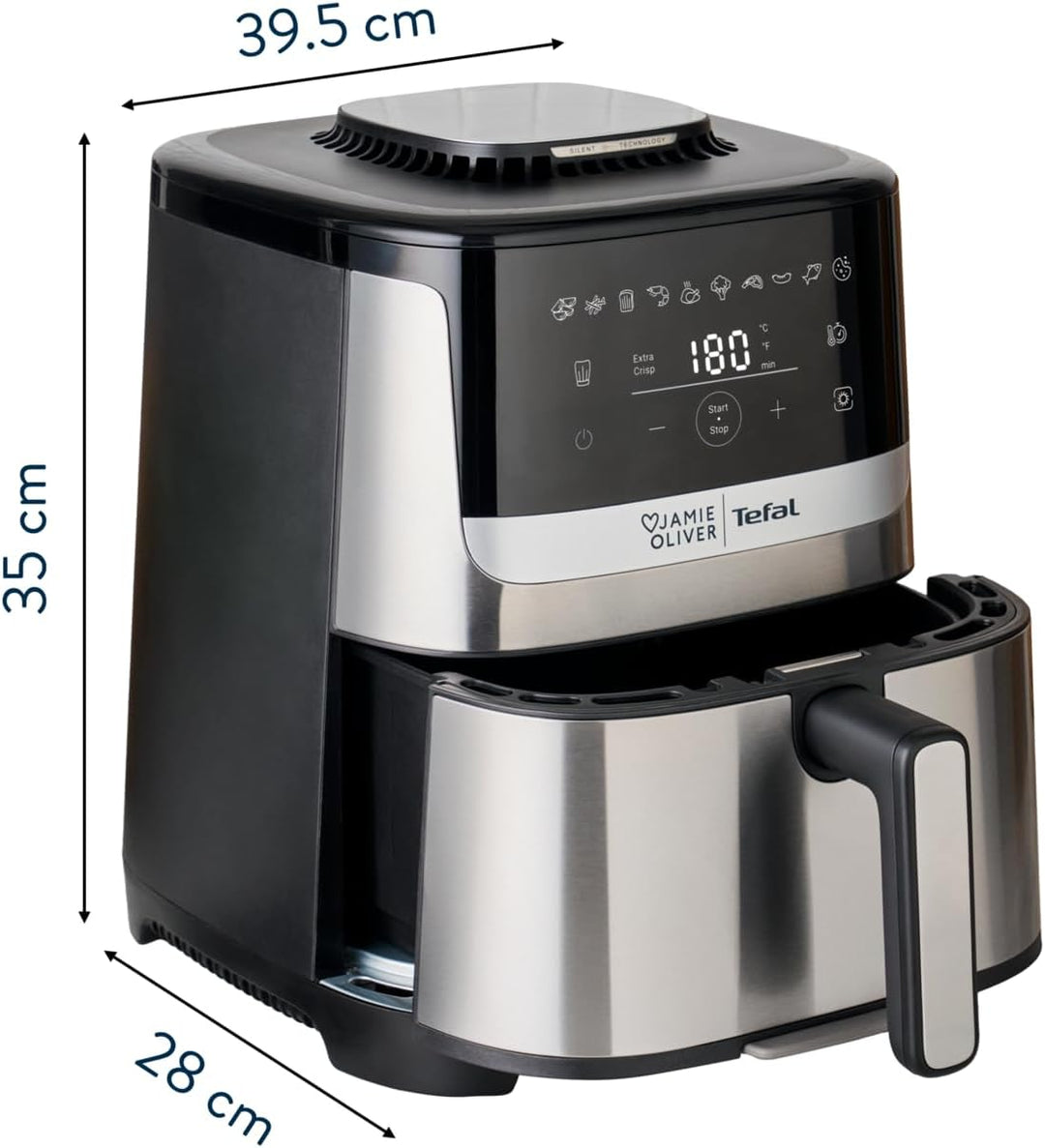 Jamie Oliver by Tefal Easy Fry Silence Deluxe Heissluftfritteuse, sehr leise, 10 voreingestellte Pro