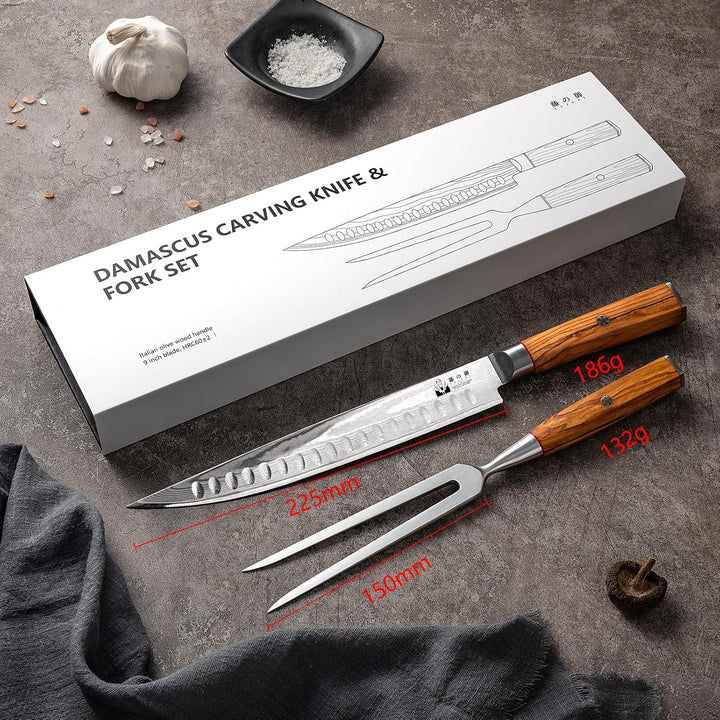 Damast Tranchier-Set mit Gabel, 2-teilig, Fleischmesser Mit Extrem Scharf 22,5cm Klinge Aus 67 Lagen